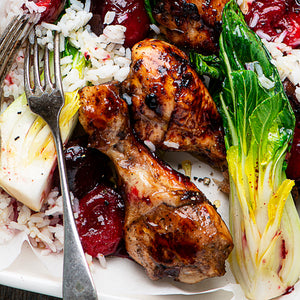 Chicken Legs with Plums and Bok Choy