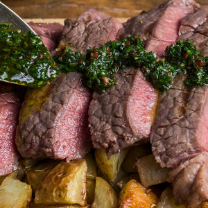 Tri-tip Steak with Chimichurri and Pickled Onion