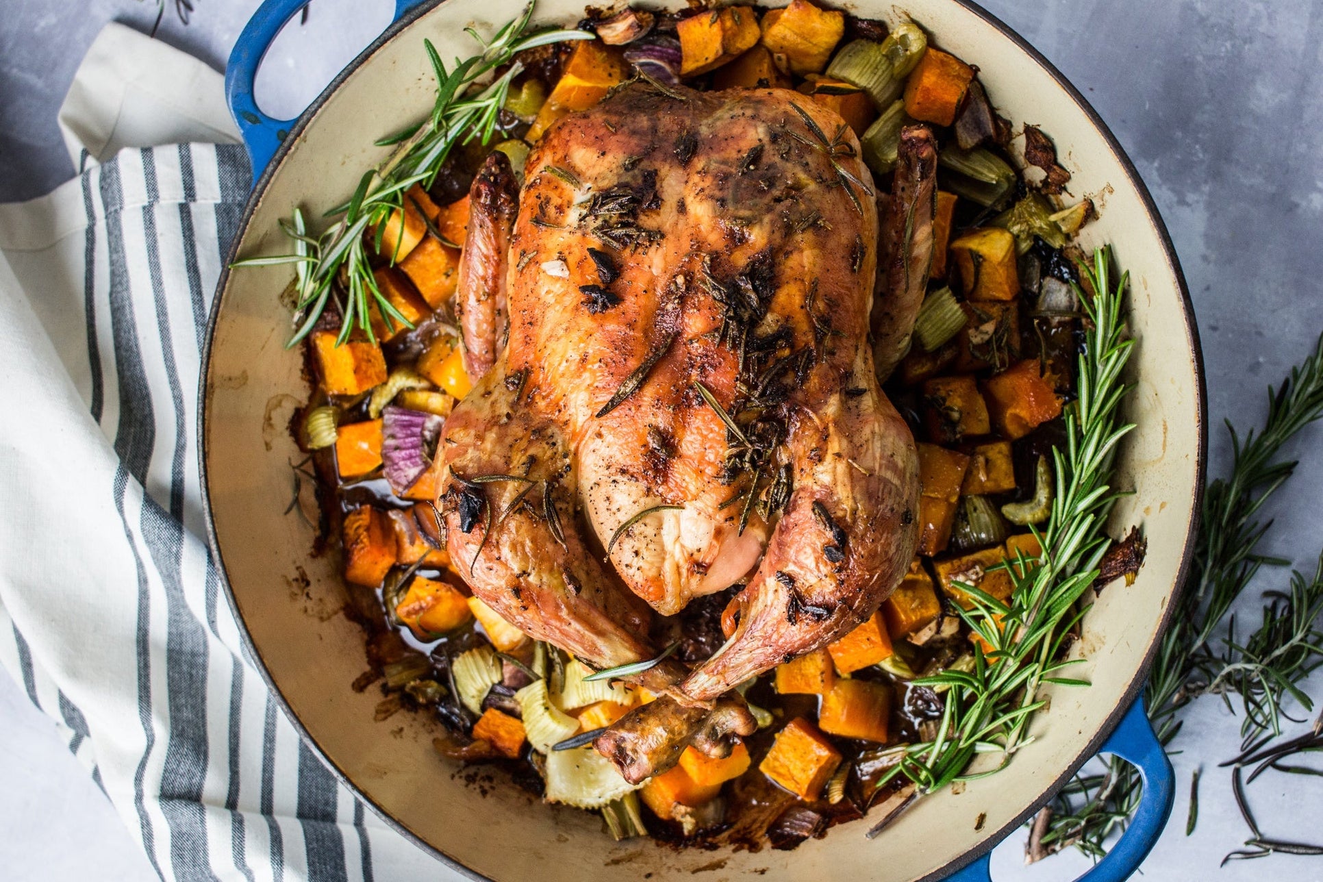 One Pan Rosemary Whole Chicken & Veggies