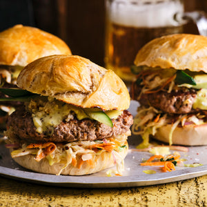 Malt Beer Pork Burger with Peanut Sauce & Crunchy Slaw