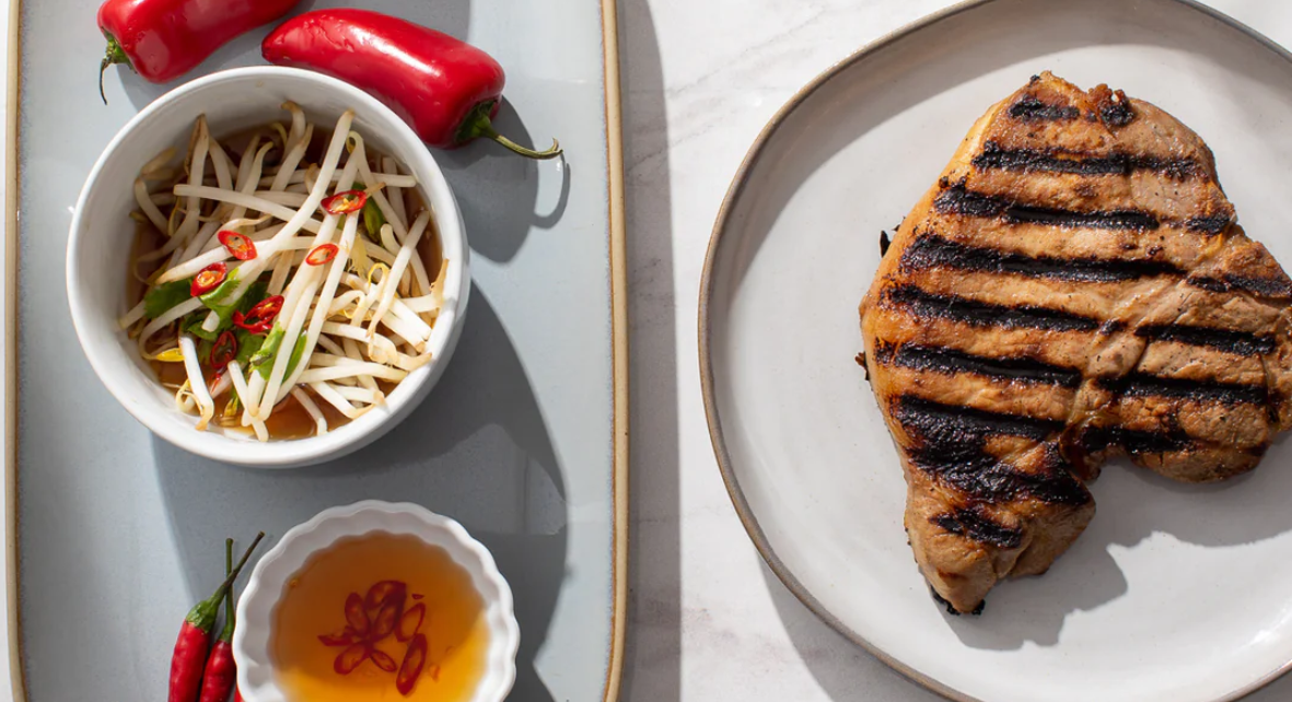 Grilled Center Cut Nuoc Pham Pork Chops & Mung Bean Salad