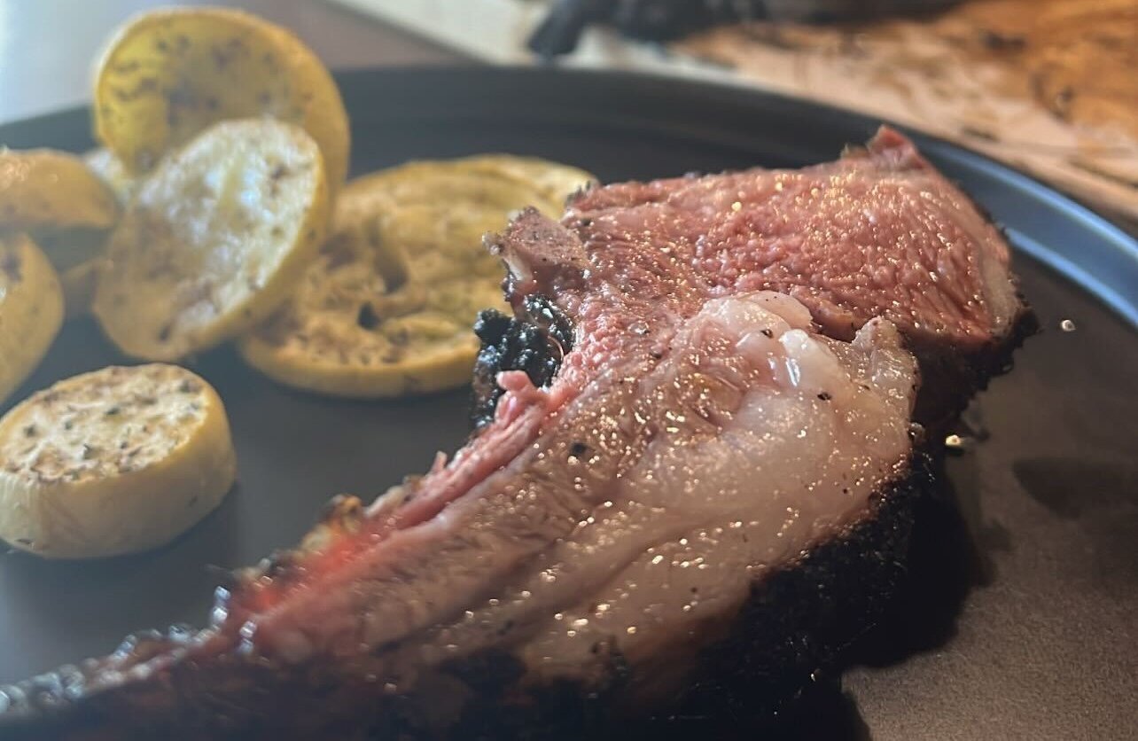 Frenched rack of lamb, smoked
