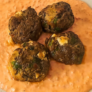 Feta Zucchini Meatballs on Roasted Red Pepper Sauce