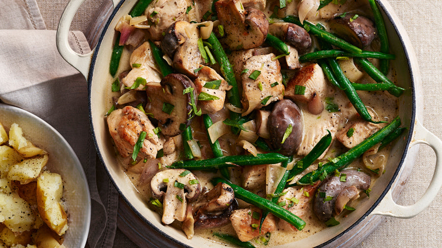 Chicken and Mushroom Stew with Creamy Tarragon Sauce and Green Beans