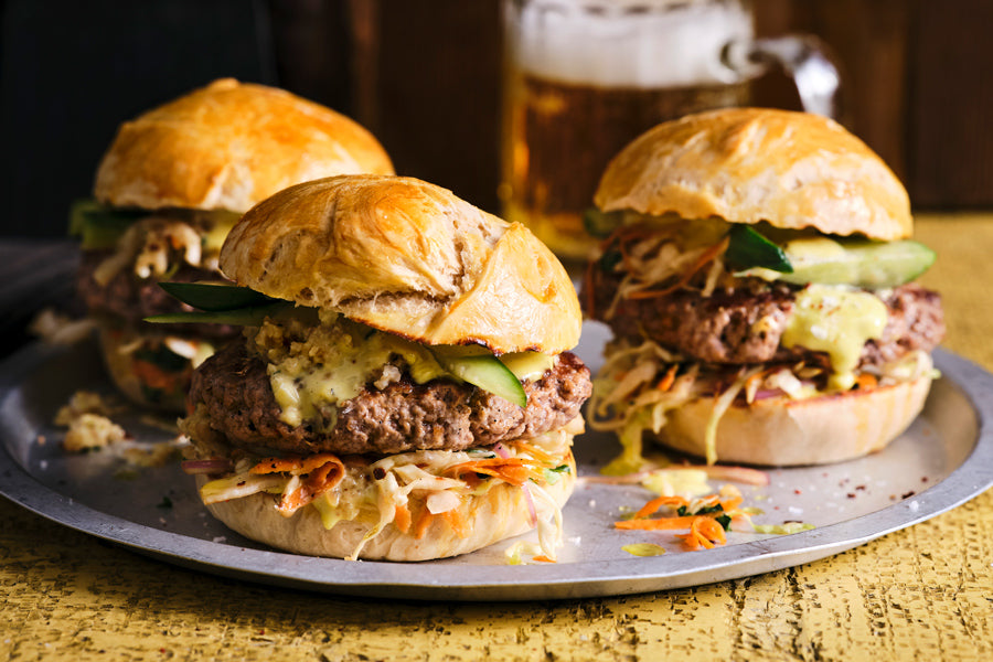 Malt Beer Pork Burger with Peanut Sauce & Crunchy Slaw