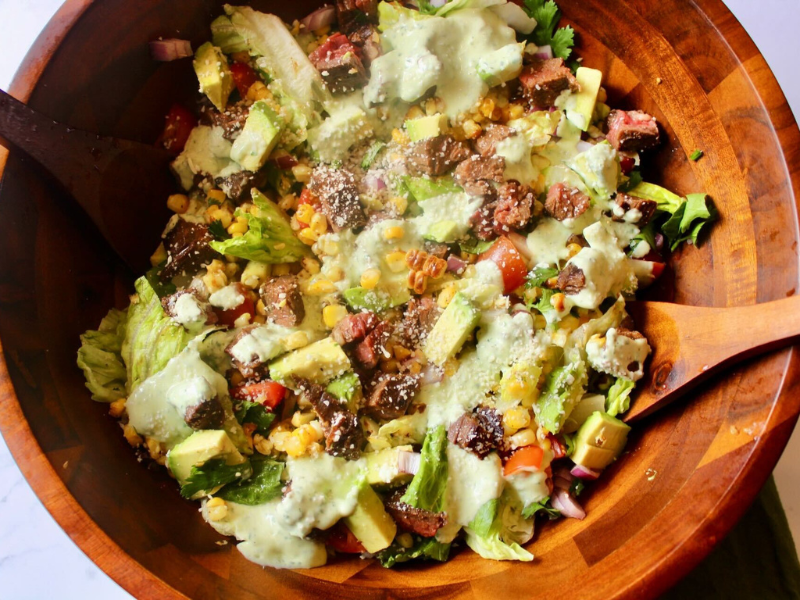 Elote-Inspired Skirt Steak Salad with Creamy Cilantro Lime Dressing
