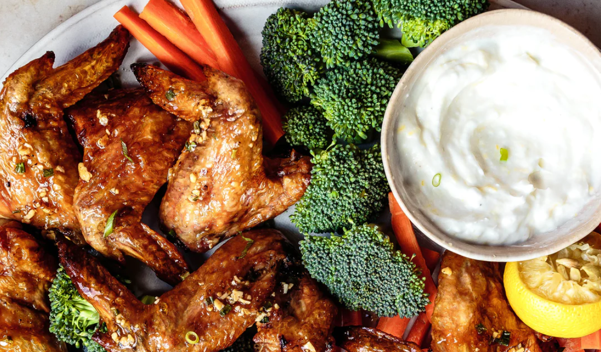 Honey-Garlic Chicken Wings Board with Lemon Yogurt Dip