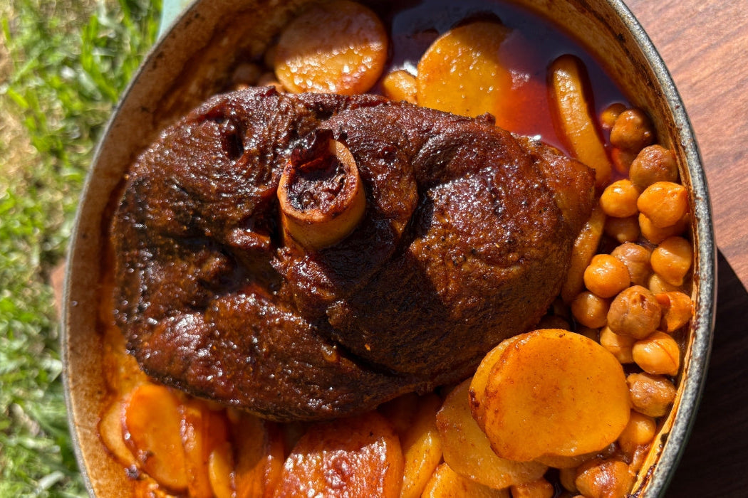 Spiced Lamb with Harissa Lemon Potatoes and Chickpeas