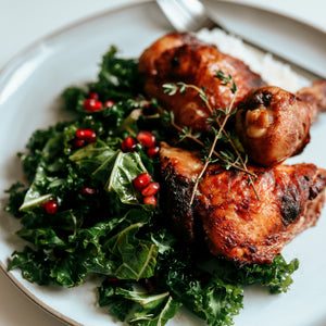 Roasted Chicken with Apple Dressing + Pomegranate Gastrique