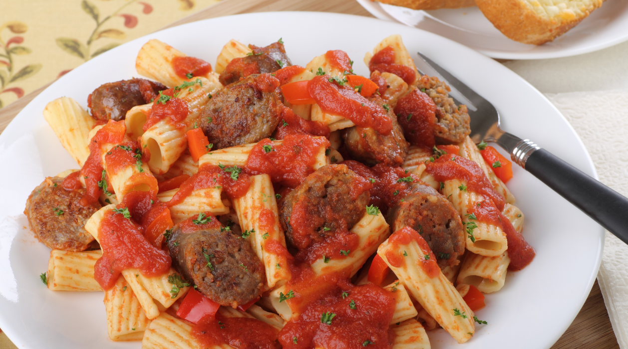 Rigatoni with Grilled Polish Sausage and Charred Tomato