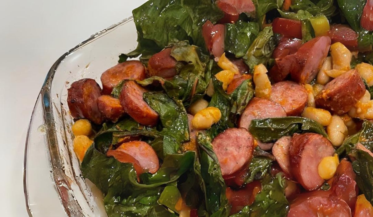 Roasted Sausage with Swiss Chard and Beans