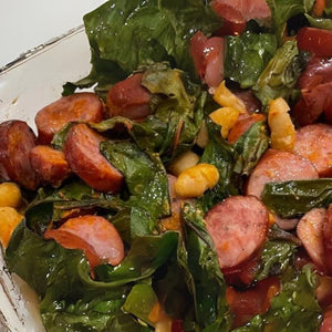 Roasted Sausage with Swiss Chard and Beans
