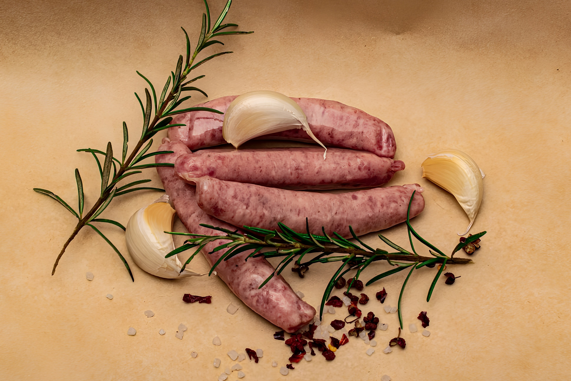 Raw sausages with rosemary and garlic on parchment paper.