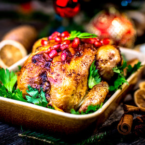Roasted Chicken with Apple Dressing + Pomegranate Gastrique