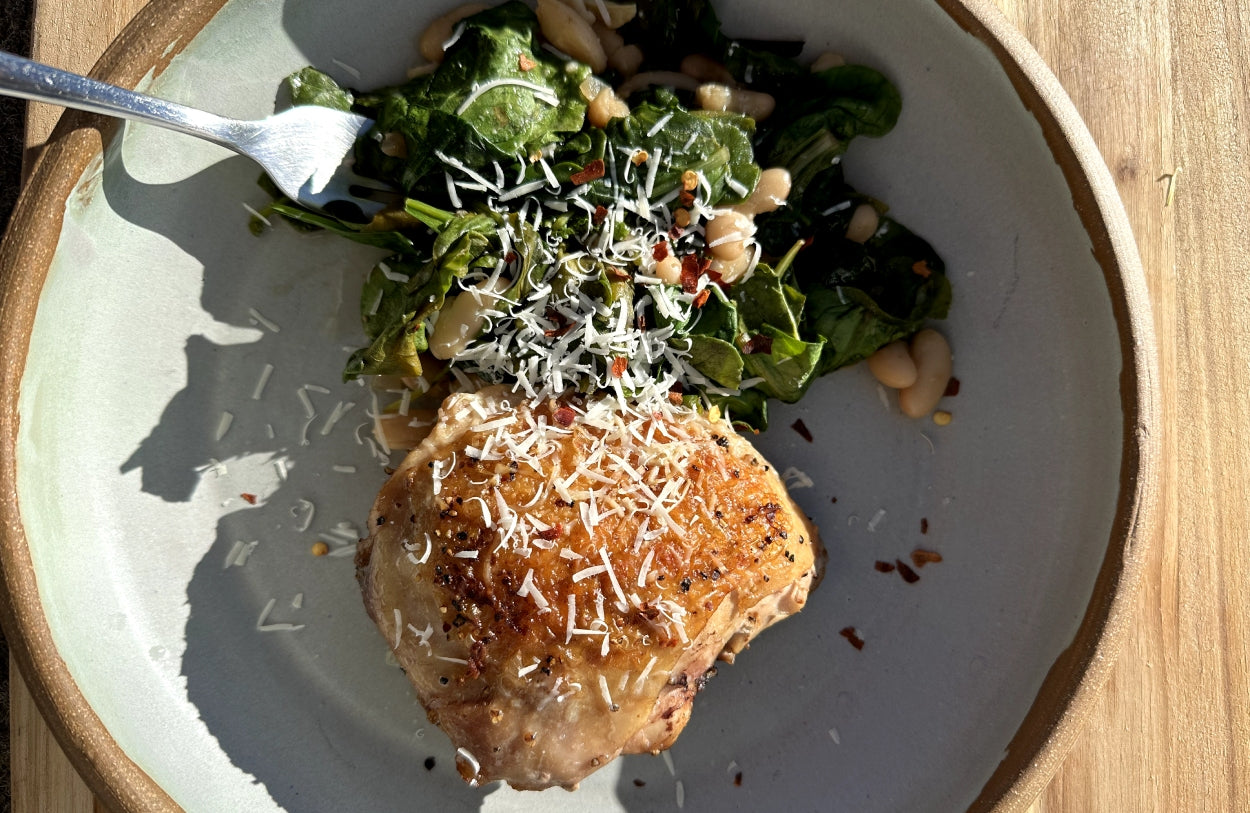 Beans & Greens with Seared Bone-In Chicken Thighs